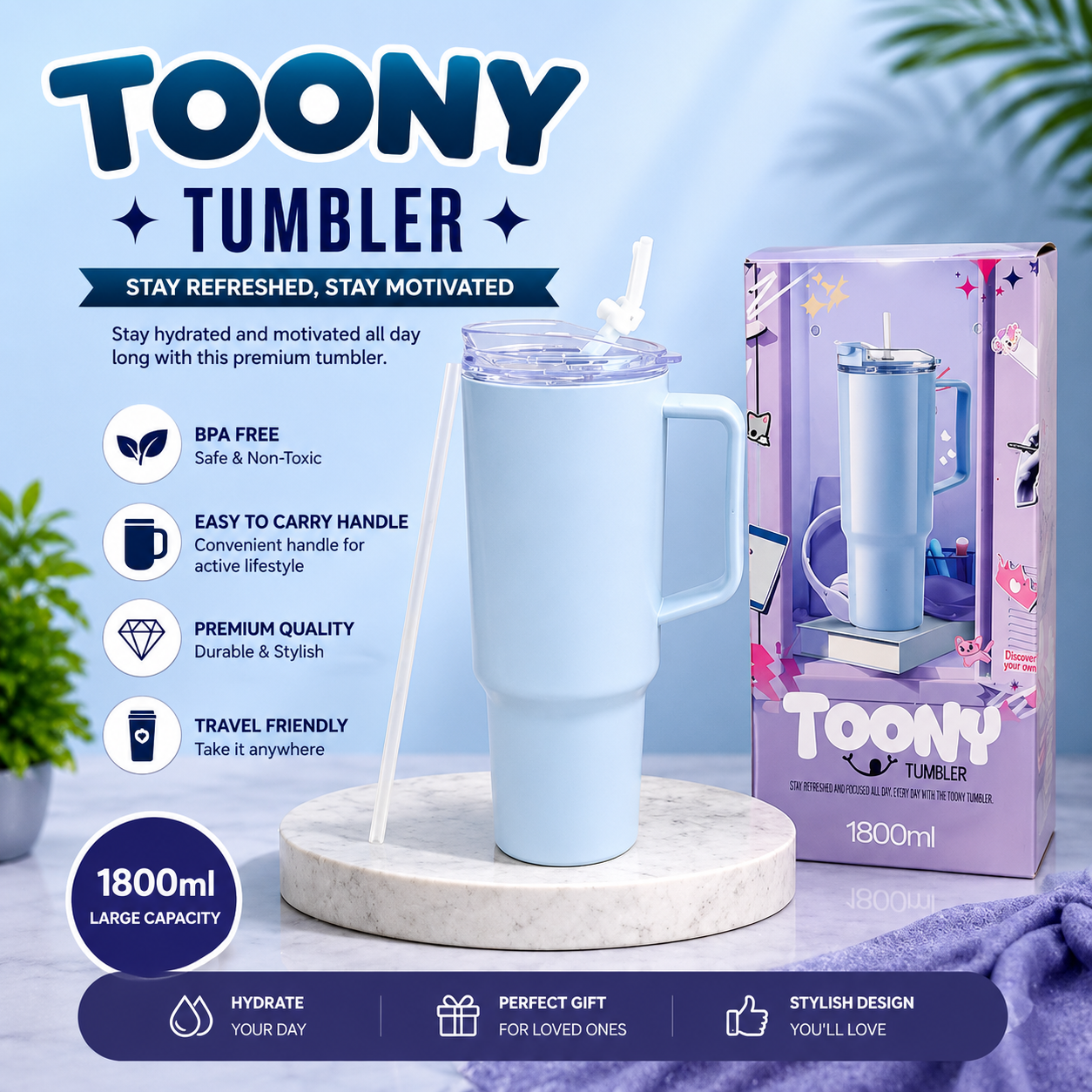 Large Capacity Travel Tumbler 1800 ML with Handle & Straw Lid | Leak-Resistant Reusable Drinking Cup for Travel, Office & Gym
