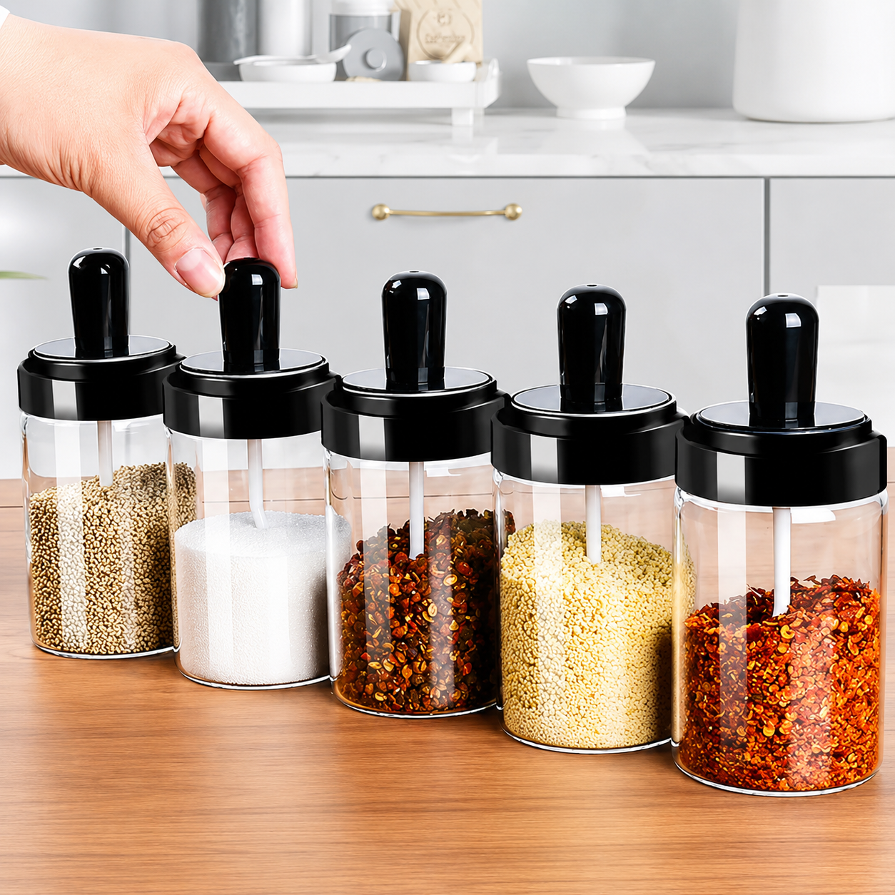(4 PC) Glass Spice Jar with Attached Spoon | Airtight Seasoning Container for Salt, Sugar, Masala, Coffee & Spices (4 Pc)