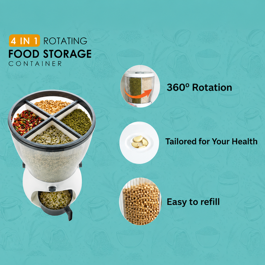 4-Compartment Grain Storage Dispenser | Airtight Rice, Dal & Cereal Storage Container with Push Button | Kitchen Dry Food Organizer