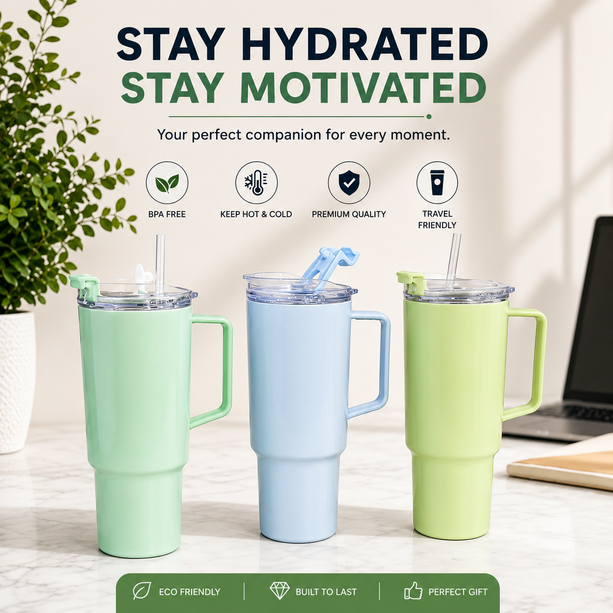 Large Capacity Travel Tumbler 1800 ML with Handle & Straw Lid | Leak-Resistant Reusable Drinking Cup for Travel, Office & Gym