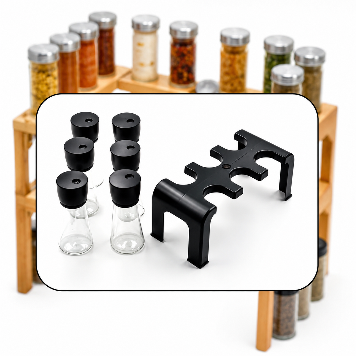 6-Piece Plastic Spice Jar Set with Rotating Lids & Storage Stand | Kitchen Masala Container Organizer