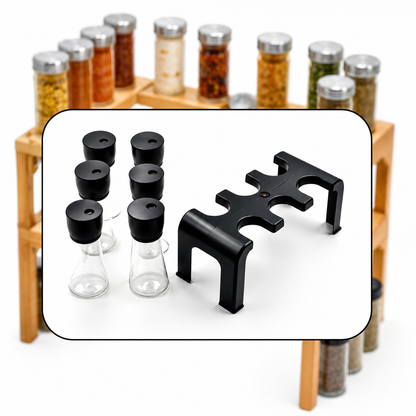 6-Piece Plastic Spice Jar Set with Rotating Lids & Storage Stand | Kitchen Masala Container Organizer