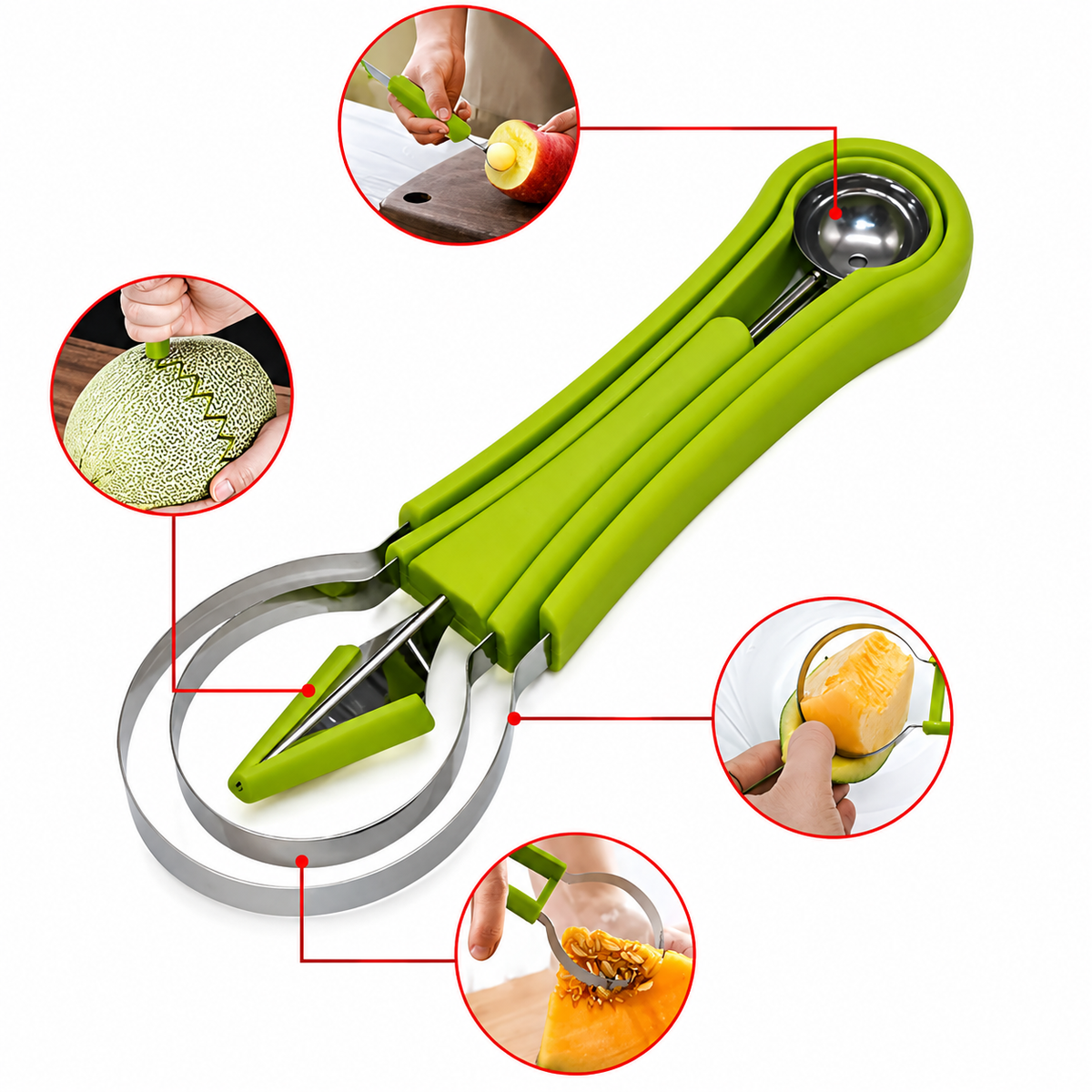4-in-1 Fruit Scooper & Seed Remover Tool | Stainless Steel Melon Baller for Watermelon, Kiwi & Vegetables