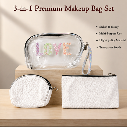 3-in-1 Makeup Bag Set | Transparent Cosmetic Organizer Pouch for Makeup, Skincare & Travel Essentials |