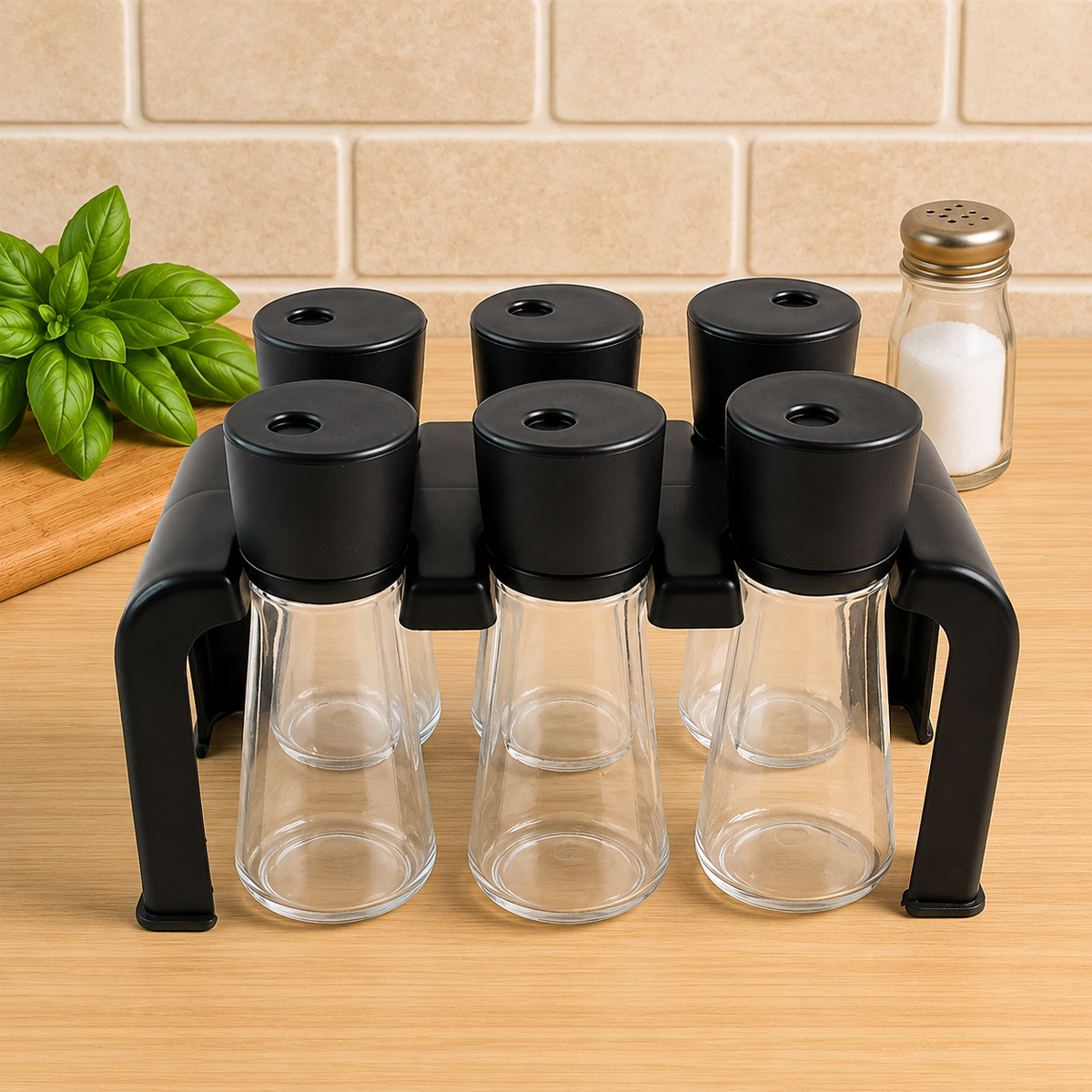 6-Piece Plastic Spice Jar Set with Rotating Lids & Storage Stand | Kitchen Masala Container Organizer