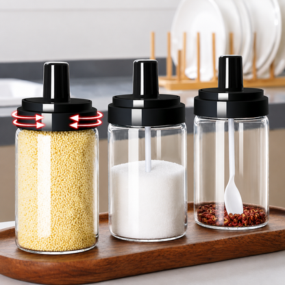 (4 PC) Glass Spice Jar with Attached Spoon | Airtight Seasoning Container for Salt, Sugar, Masala, Coffee & Spices (4 Pc)