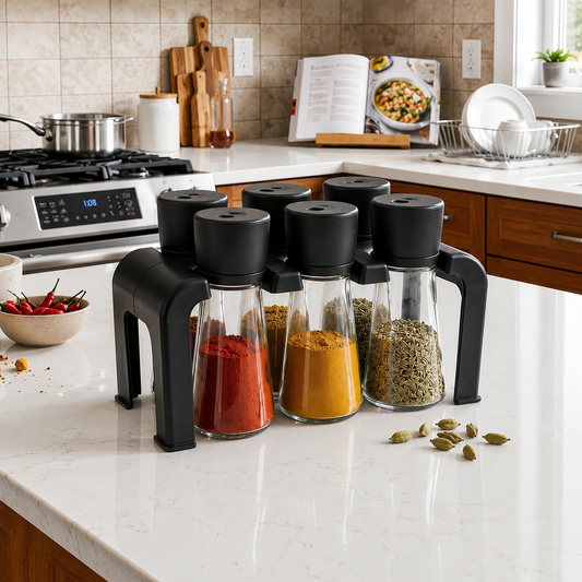 6-Piece Plastic Spice Jar Set with Rotating Lids & Storage Stand | Kitchen Masala Container Organizer