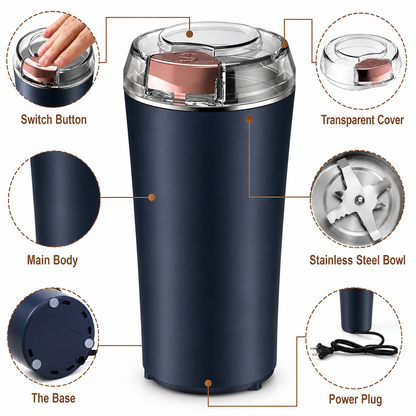 Portable Electric Coffee Grinder & Mini Blender | 4-Blade Coffee Bean & Spice Grinder for Home & Office