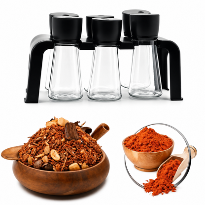 6-Piece Plastic Spice Jar Set with Rotating Lids & Storage Stand | Kitchen Masala Container Organizer
