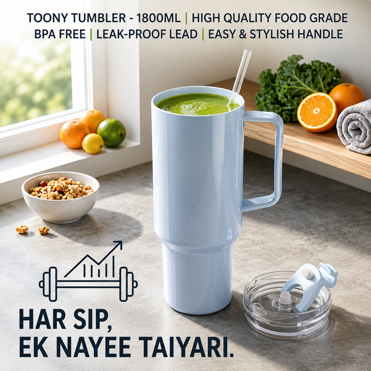 Large Capacity Travel Tumbler 1800 ML with Handle & Straw Lid | Leak-Resistant Reusable Drinking Cup for Travel, Office & Gym