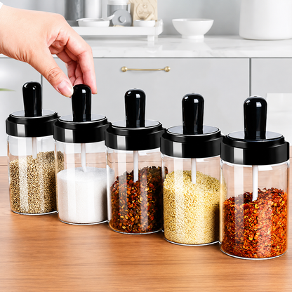 (4 PC) Glass Spice Jar with Attached Spoon | Airtight Seasoning Container for Salt, Sugar, Masala, Coffee & Spices (4 Pc)