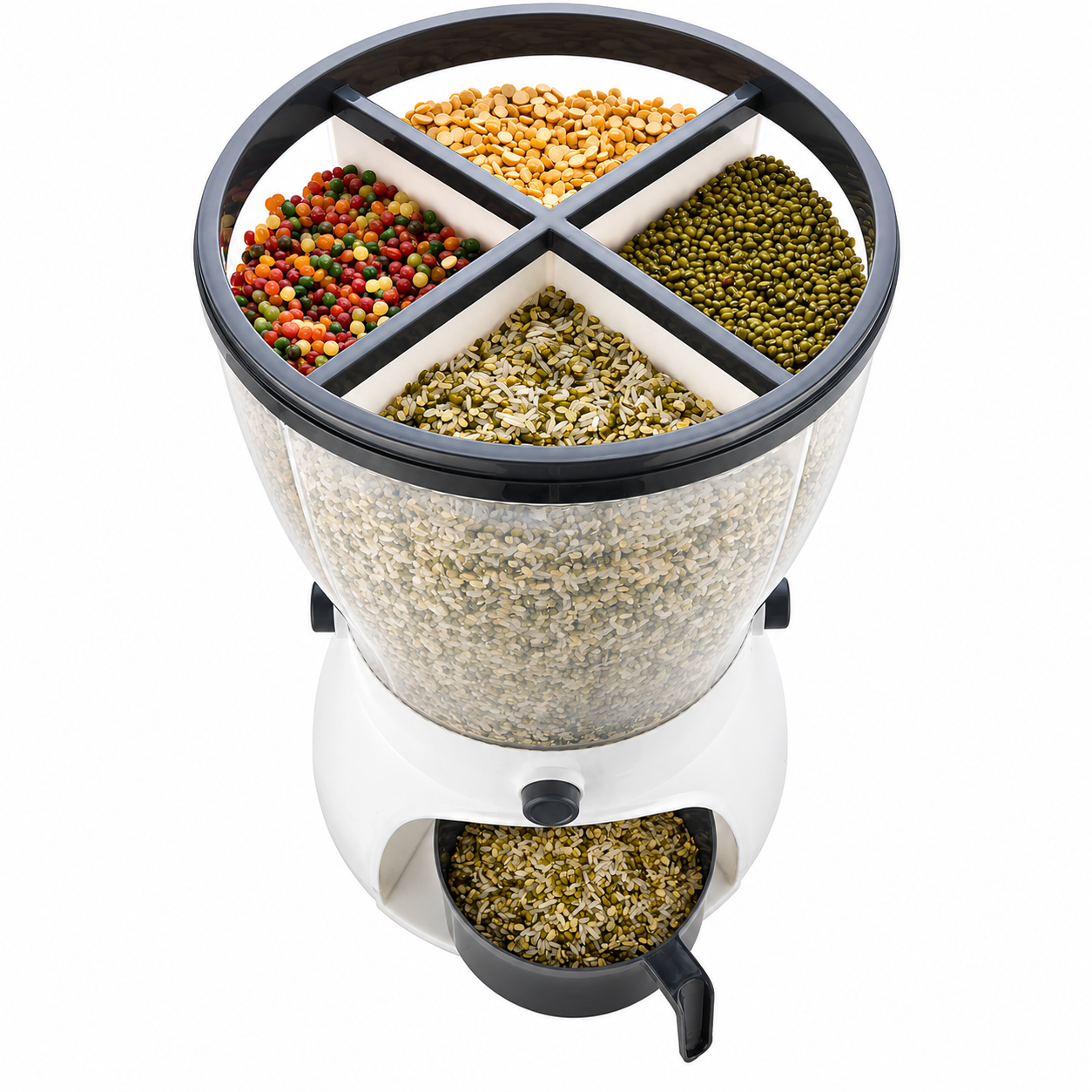 4-Compartment Grain Storage Dispenser | Airtight Rice, Dal & Cereal Storage Container with Push Button | Kitchen Dry Food Organizer