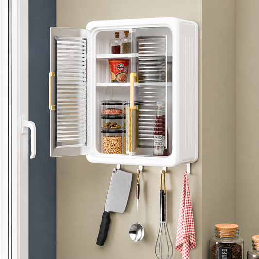Wall-Mounted Kitchen Storage Cabinet with Transparent Sliding Doors & Hanging Hooks | Multi-Layer Organizer