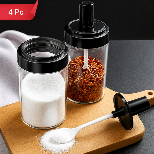 (4 PC) Glass Spice Jar with Attached Spoon | Airtight Seasoning Container for Salt, Sugar, Masala, Coffee & Spices (4 Pc)