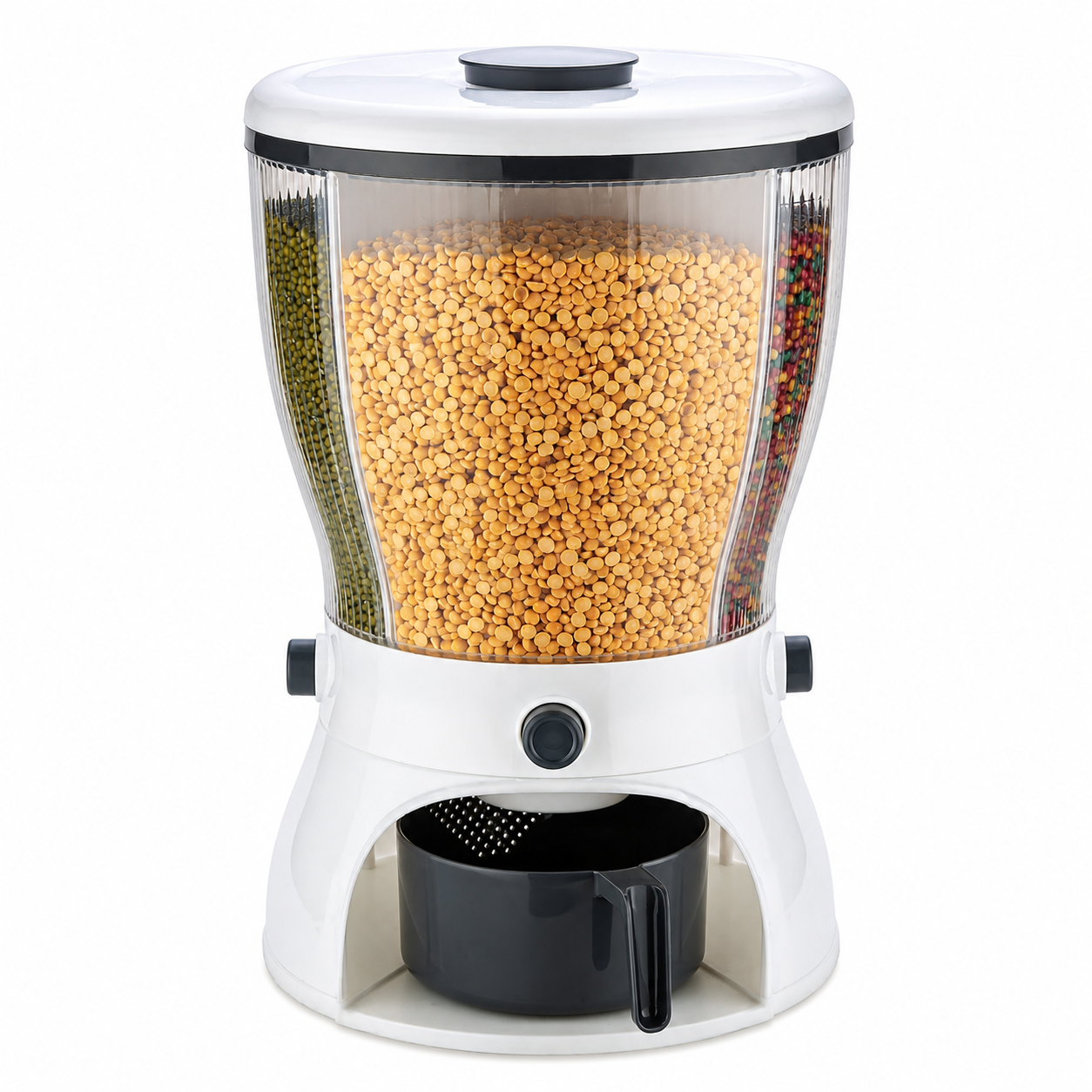 4-Compartment Grain Storage Dispenser | Airtight Rice, Dal & Cereal Storage Container with Push Button | Kitchen Dry Food Organizer