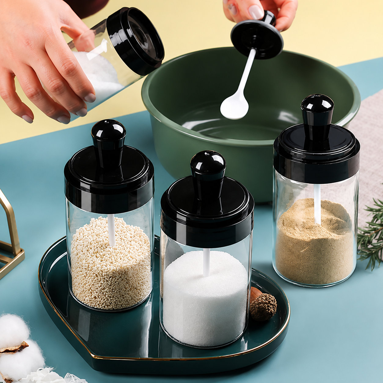 (4 PC) Glass Spice Jar with Attached Spoon | Airtight Seasoning Container for Salt, Sugar, Masala, Coffee & Spices (4 Pc)