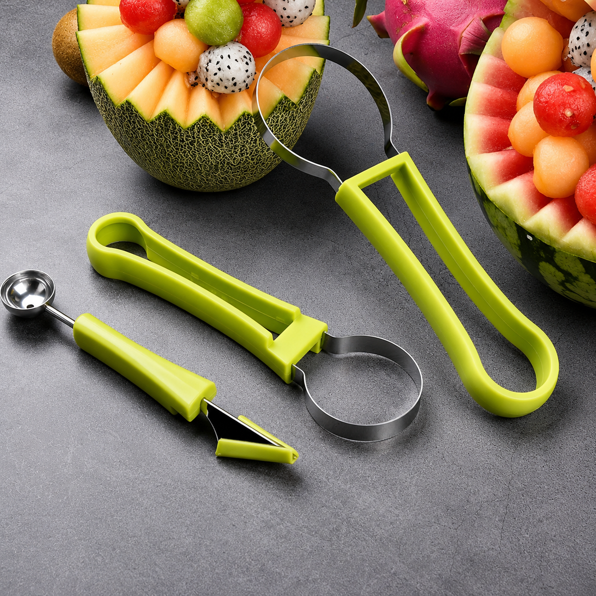 4-in-1 Fruit Scooper & Seed Remover Tool | Stainless Steel Melon Baller for Watermelon, Kiwi & Vegetables