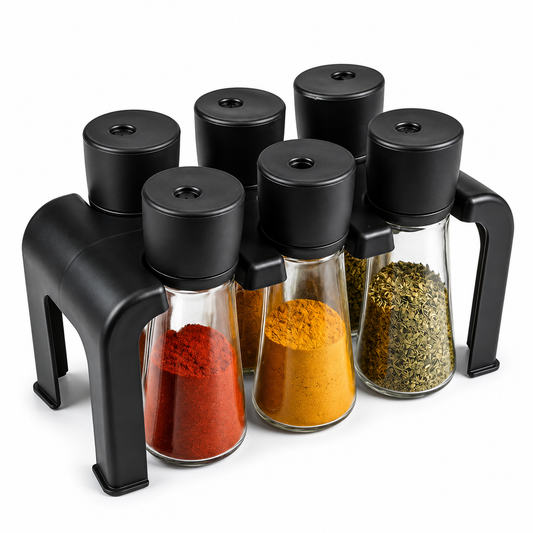 6-Piece Plastic Spice Jar Set with Rotating Lids & Storage Stand | Kitchen Masala Container Organizer