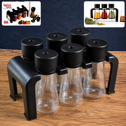 6-Piece Plastic Spice Jar Set with Rotating Lids & Storage Stand | Kitchen Masala Container Organizer