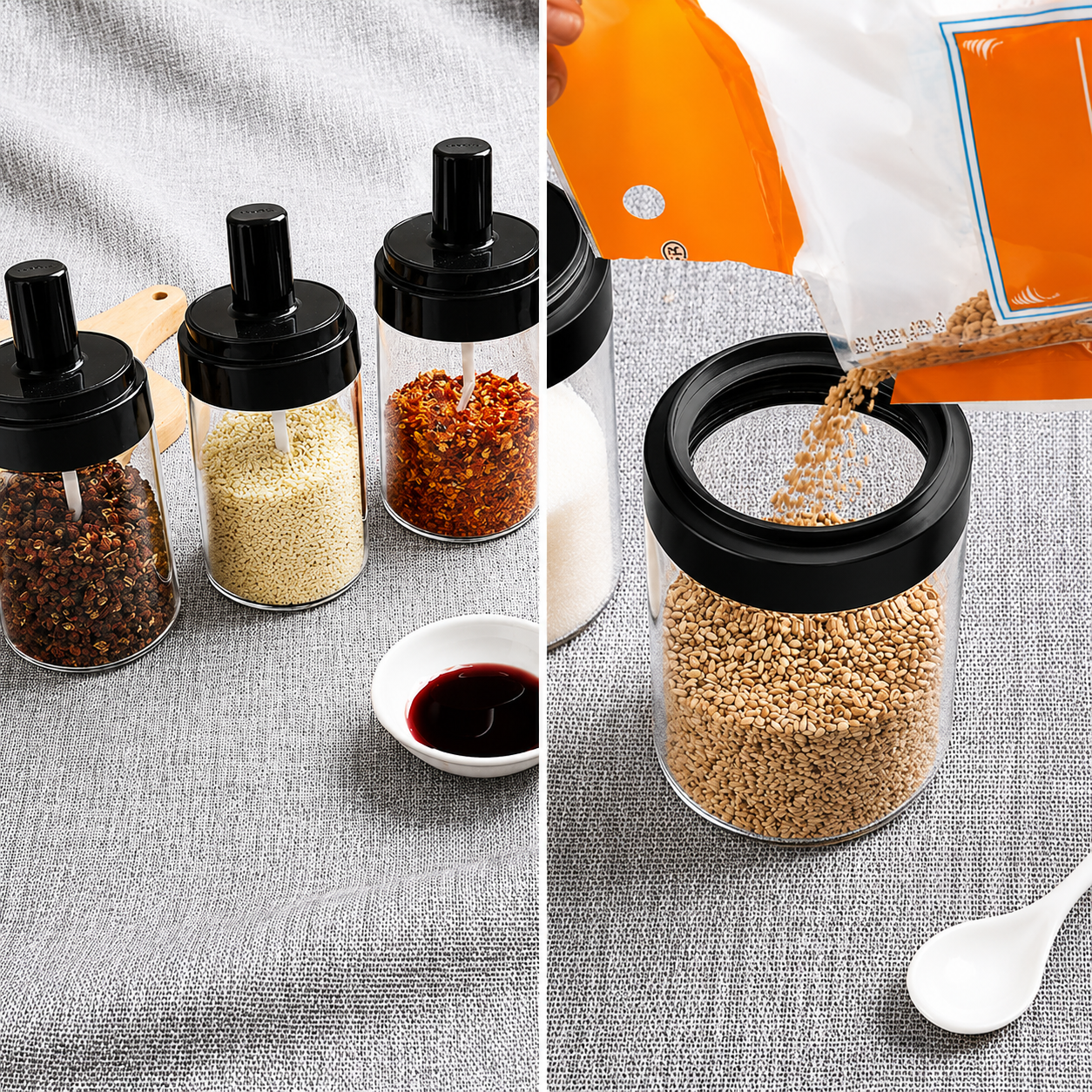 (4 PC) Glass Spice Jar with Attached Spoon | Airtight Seasoning Container for Salt, Sugar, Masala, Coffee & Spices (4 Pc)