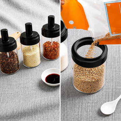 (4 PC) Glass Spice Jar with Attached Spoon | Airtight Seasoning Container for Salt, Sugar, Masala, Coffee & Spices (4 Pc)